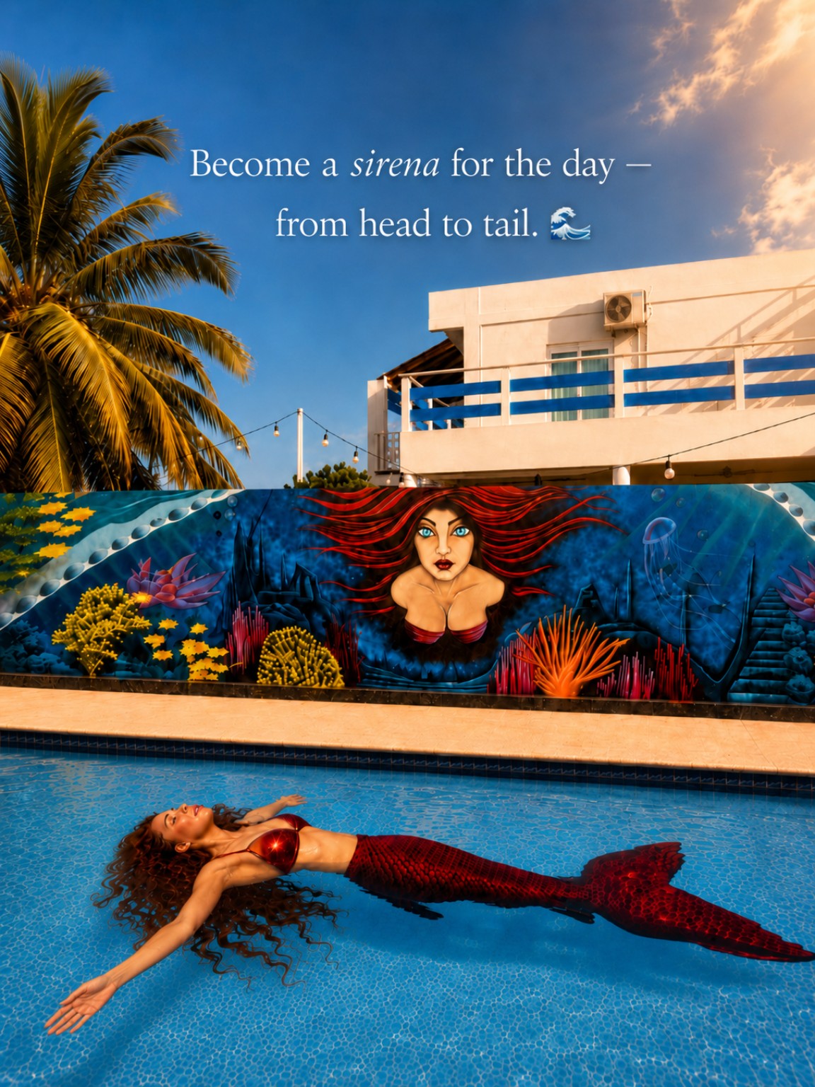 Mermaid floating in the Selva Boutique Hotel pool